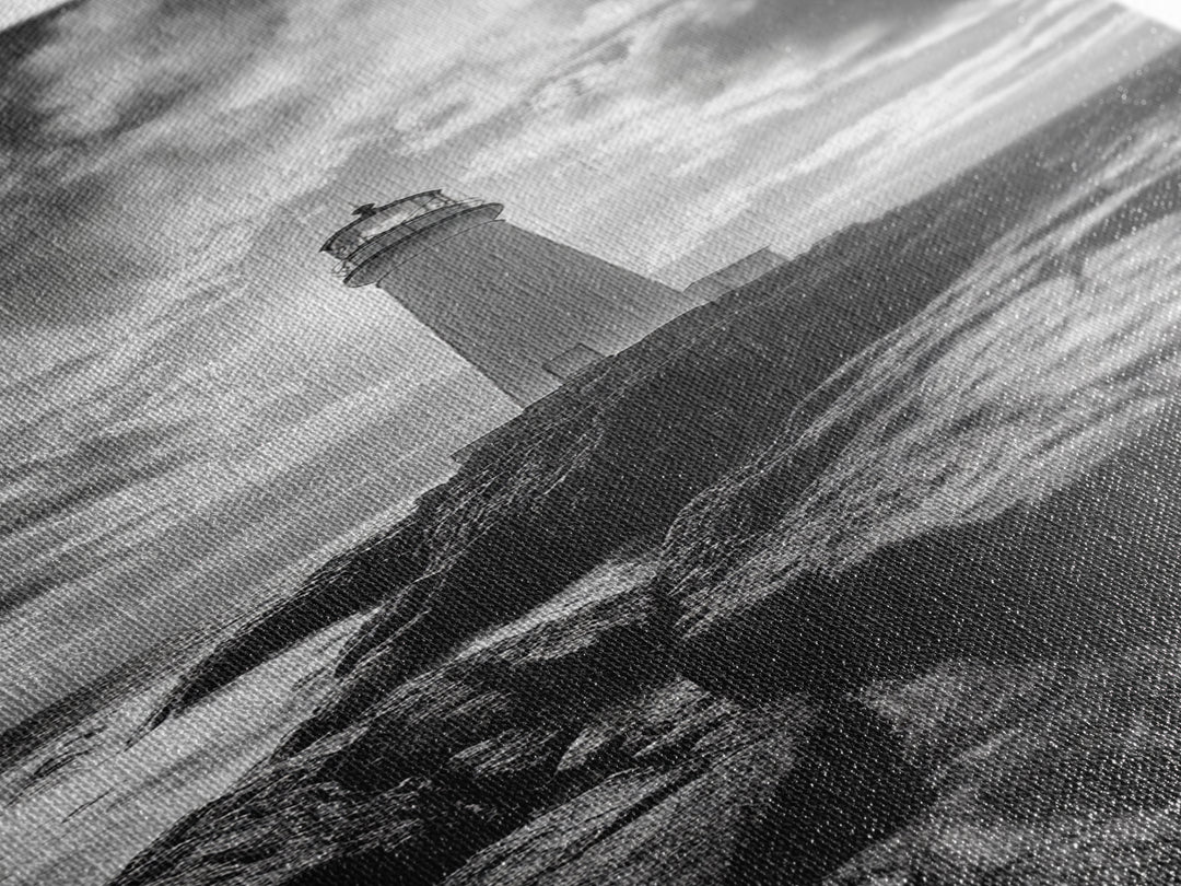 Coastal Beacon, Nautical Light, Ocean Landscape, Sunset Sky, Lighthouse Photography Framed Canvas Print, Living Room Nautical Wall Art