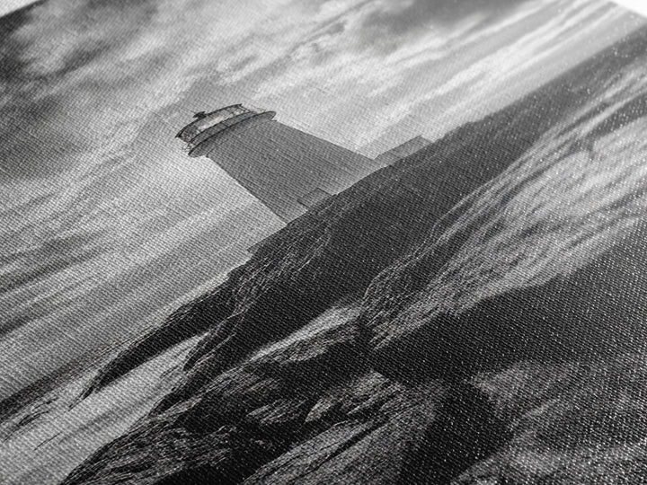 Coastal Beacon, Nautical Light, Ocean Landscape, Sunset Sky, Lighthouse Photography Framed Canvas Print, Living Room Nautical Wall Art