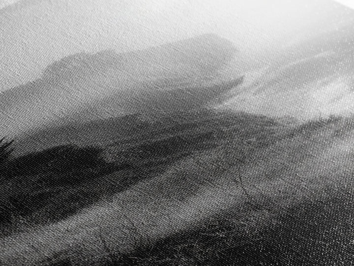 Cliffside Fog, Coastal Mist, Ocean Overlook, Framed Canvas Print, Living Room Wall Art, Monochrome Decor, Moody Landscape, Minimalist Home