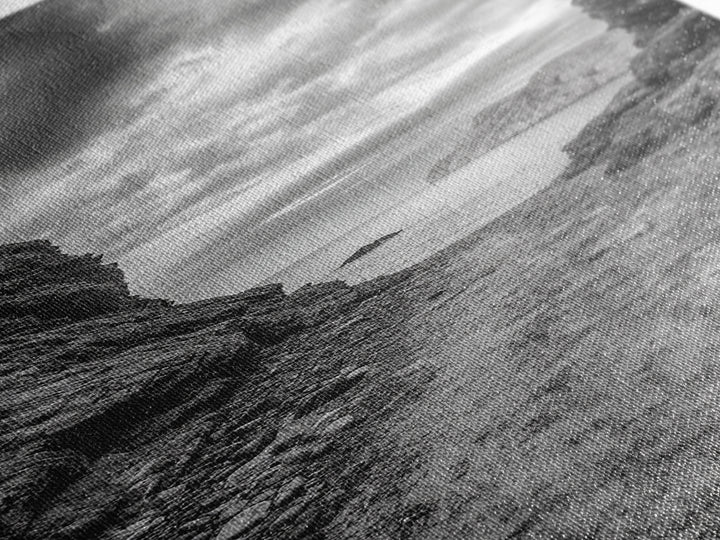 Rocky Pathway, Seaside Trail, Cloudy Horizon, Framed Canvas Print, Moody Coastal Wall Art, Nature Inspired, Monochrome Travel Decor