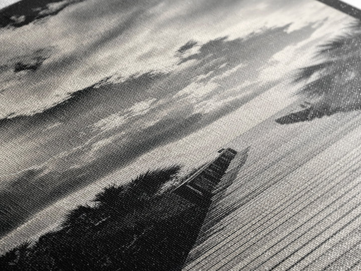 Boardwalk Path, Coastal Sunset, Palm Trees, Framed Canvas Print, Beach Walkway Wall Art, Entryway or Living Room Coastal Decor