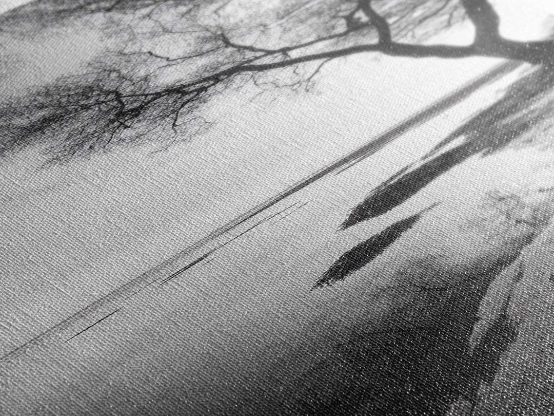 Bare Tree Reflection, Minimal Winter Shoreline, Calm Monochrome Art, Framed Canvas Print, Scandinavian Living Room Art, Bathroom Art