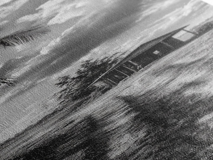 Rustic Cabin, Countryside Road, Farm Field, Palm Trees, Framed Canvas Print, Farmhouse Entryway Wall Art, Fall Landscape,  Den Wall Art