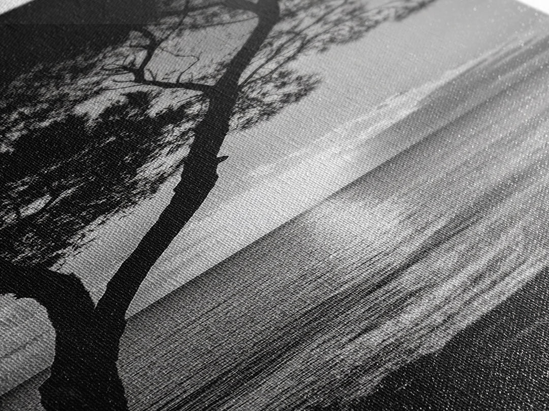 Coastal Tree, Ocean Sunset, Silhouetted Landscape, Peaceful Water, Framed Canvas Print, Nature Art, Bedroom Tranquil Decor