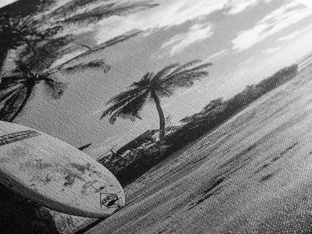 Tropical Beach, Surfboard Scene, Coastal Palms, Island Vibes, Canvas Print, Beach House Art, Summer Wall Decor, Boho Style