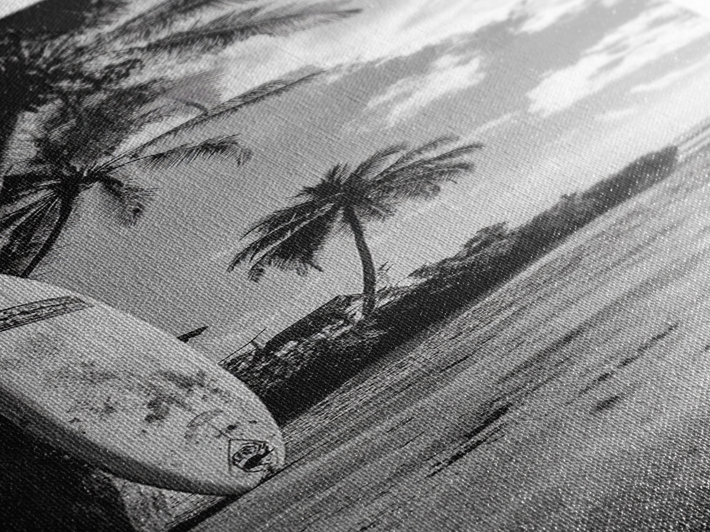 Tropical Beach, Surfboard Scene, Coastal Palms, Island Vibes, Canvas Print, Beach House Art, Summer Wall Decor, Boho Style