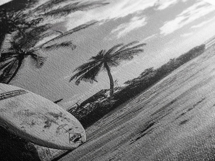 Tropical Beach, Surfboard Scene, Coastal Palms, Island Vibes, Canvas Print, Beach House Art, Summer Wall Decor, Boho Style