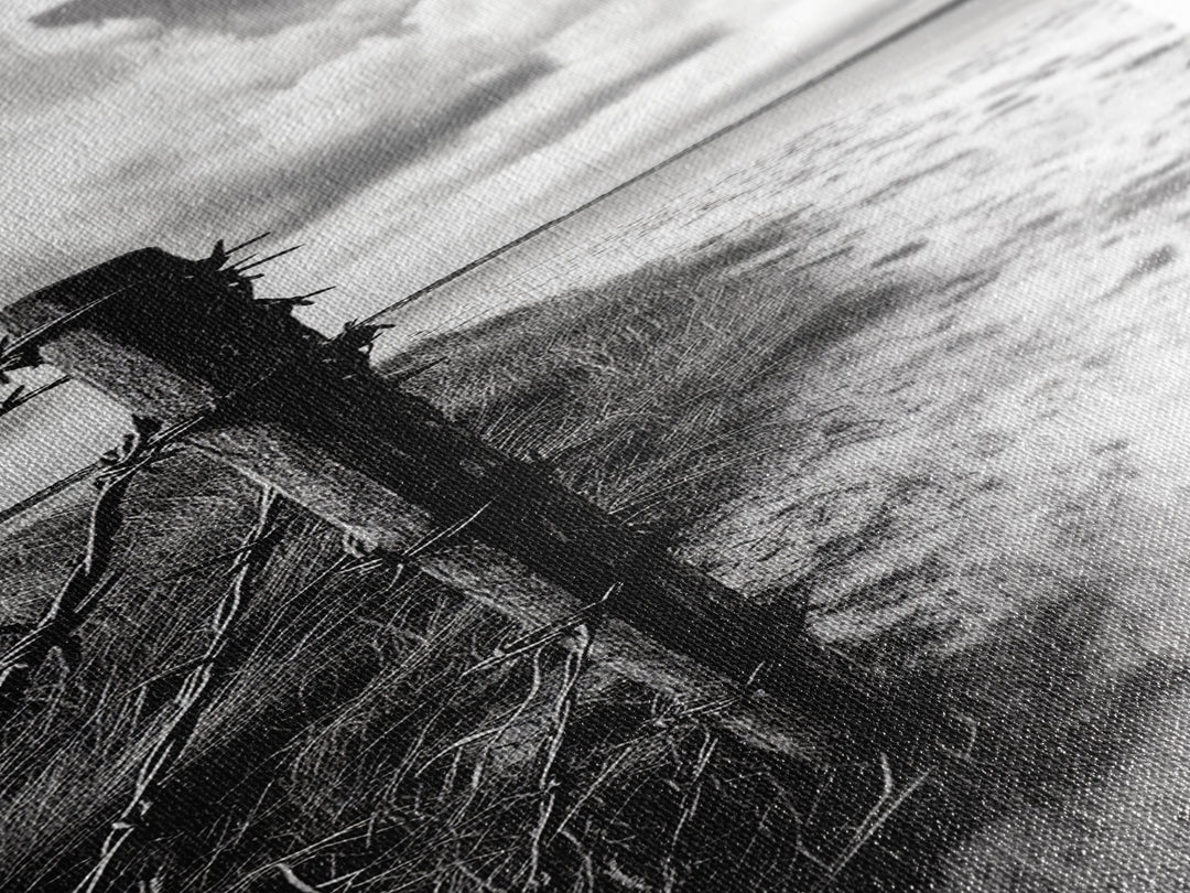 Barbed Fence, Sandy Dunes, Stormy Skies, Moody Coast, Natural Tension, Framed Canvas Print, Living Room Wall Art, Modern Western Decor