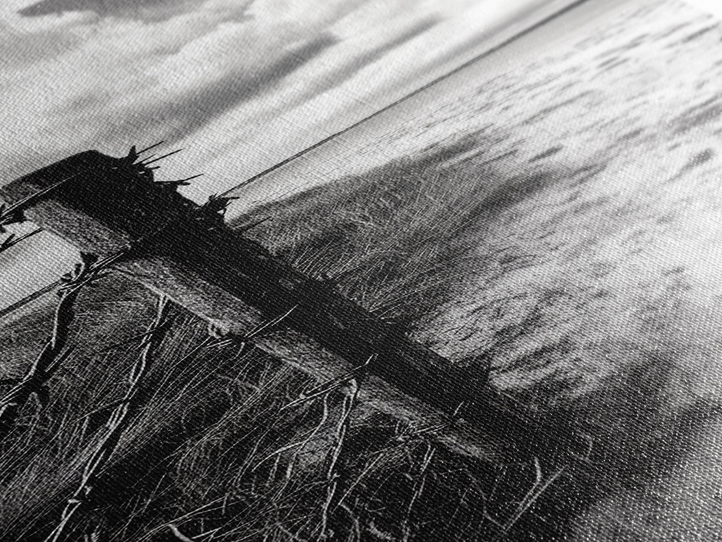 Barbed Fence, Sandy Dunes, Stormy Skies, Moody Coast, Natural Tension, Framed Canvas Print, Living Room Wall Art, Modern Western Decor