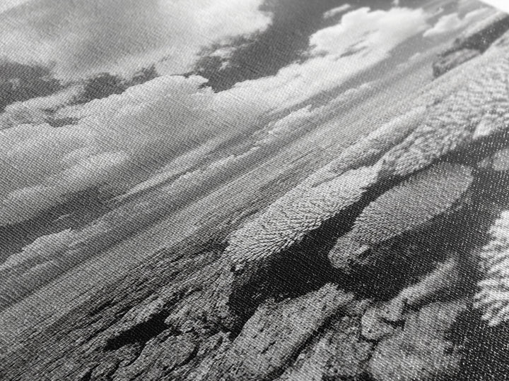 Coral Reef, Ocean Horizon, Puffy Clouds, Framed Canvas Print, Coastal Bathroom Art, Nautical Decor, Black and White Beach Style