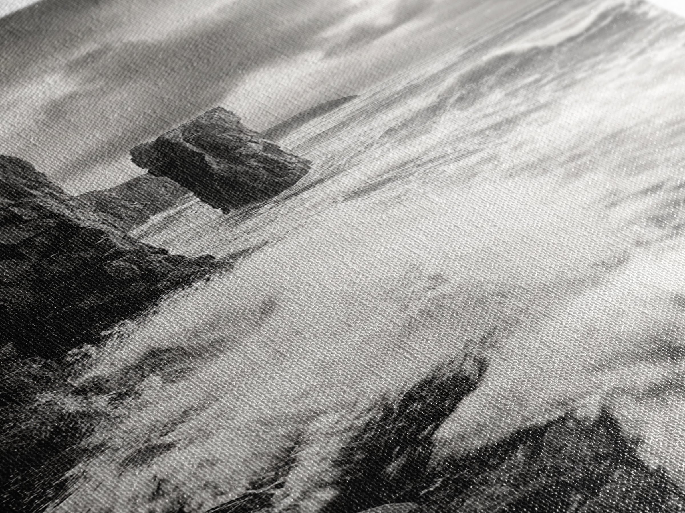 Crashing Surf, Tall Sea Stack, Rugged Coast, Framed Canvas Print, Moody Ocean Wall Art, Bathroom Decor, Black and White Seascape