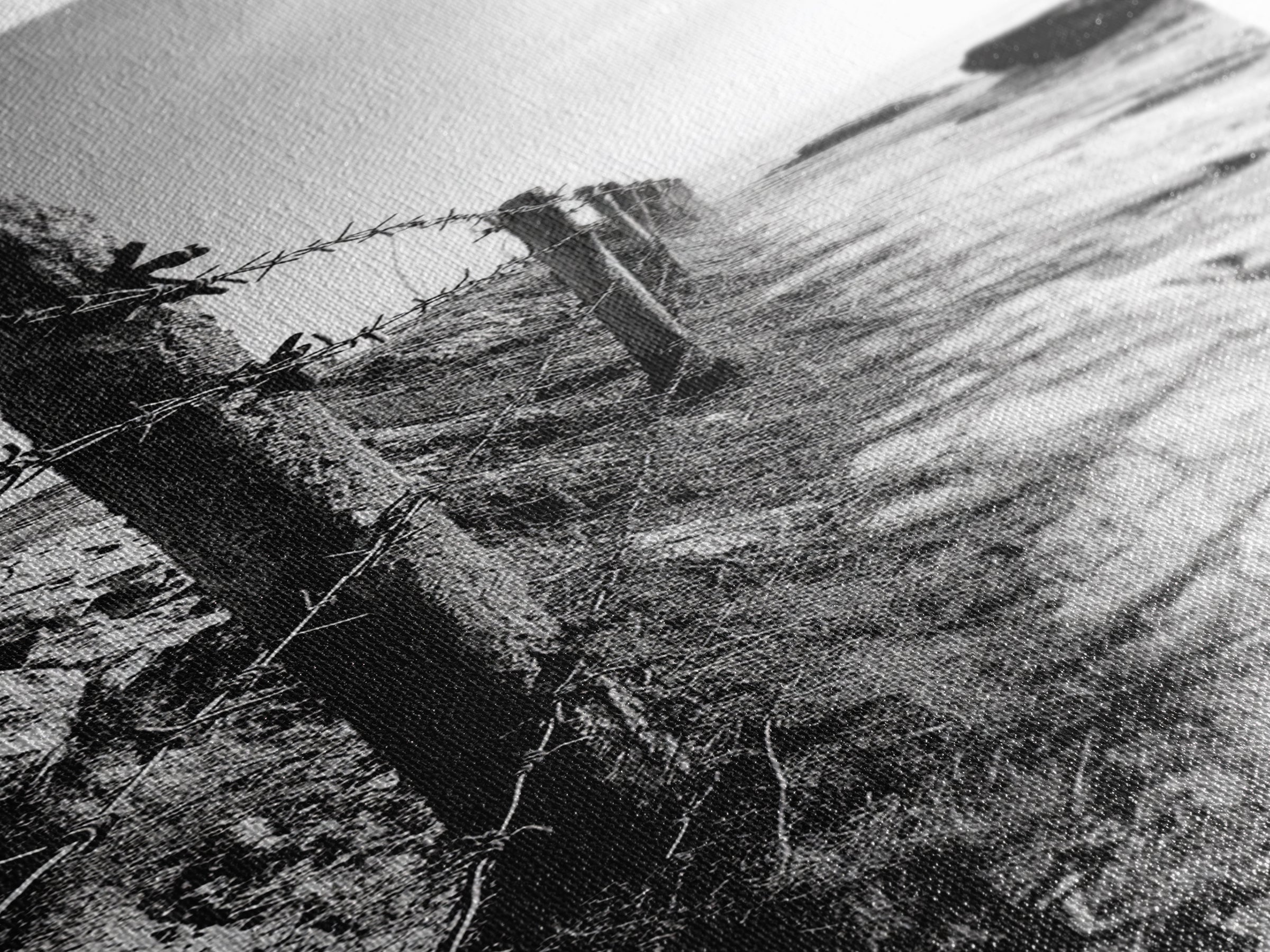 Rocky Shoreline, Barbed Wire, Coastal Minimalism, Rugged Texture, Natural Barrier, Framed Canvas Print, Hallway Wall Art, Industrial Rustic Style