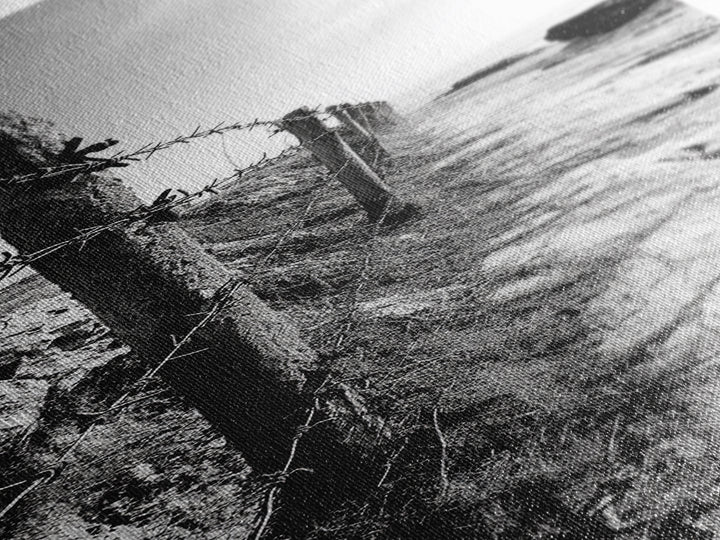 Rocky Shoreline, Barbed Wire, Coastal Minimalism, Rugged Texture, Natural Barrier, Framed Canvas Print, Hallway Wall Art, Industrial Rustic Style