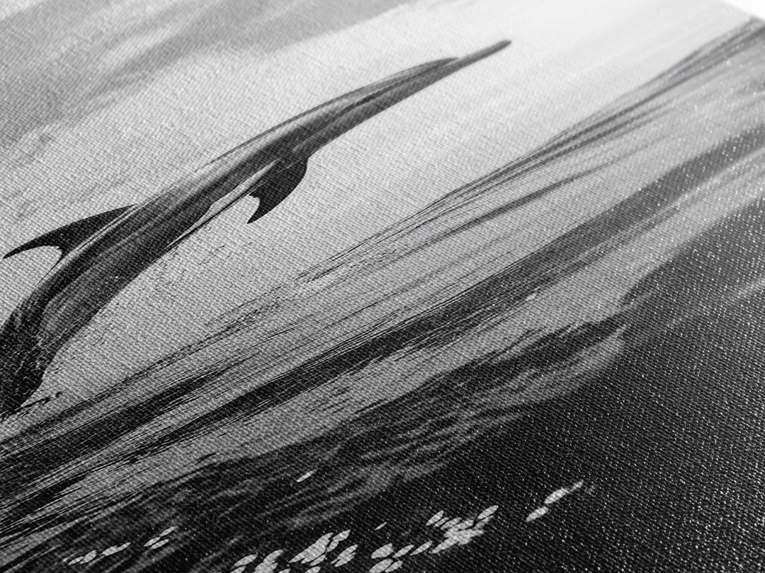Dolphin Ocean Jump, Black and White Sea Life Print, Coastal Marine Wall Art, Canvas Print, Beach House Decor, Nature Photography