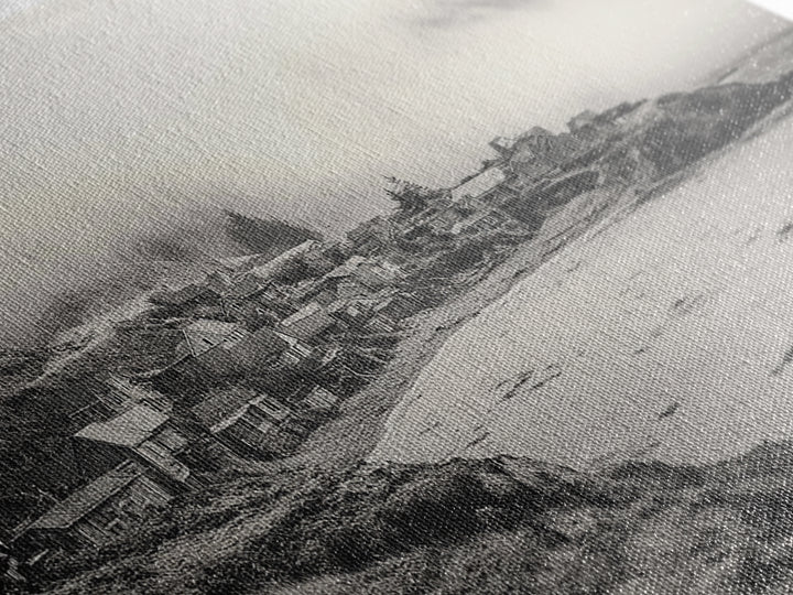 Coastal Fog Village, Misty Ocean Cliff Scene, Black and White Landscape, Canvas Print, Bedroom Wall Art, Rustic Coastal Decor