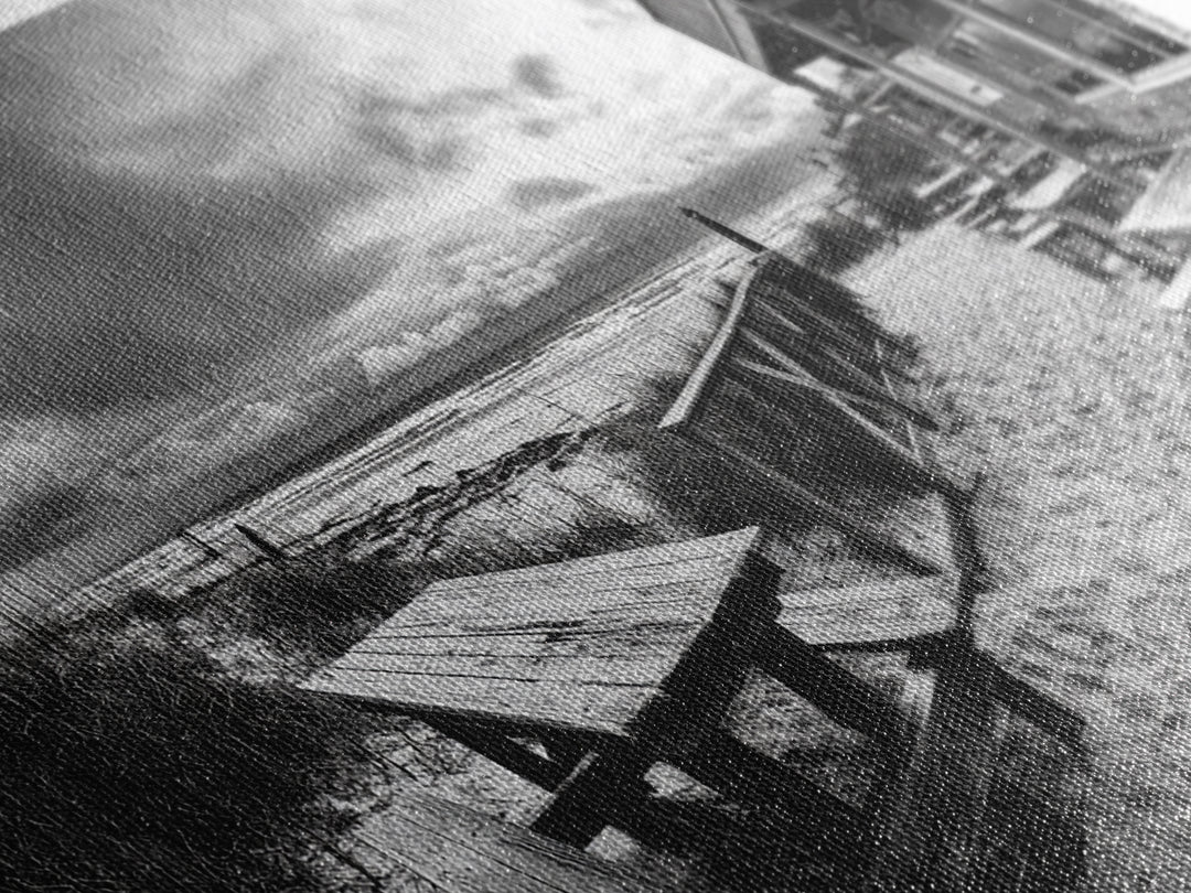 Beach Boardwalk, Coastal Restaurant, Moody Seaside View, Framed Canvas Print, Kitchen or Bar Wall Art, Rustic Autumn Decor