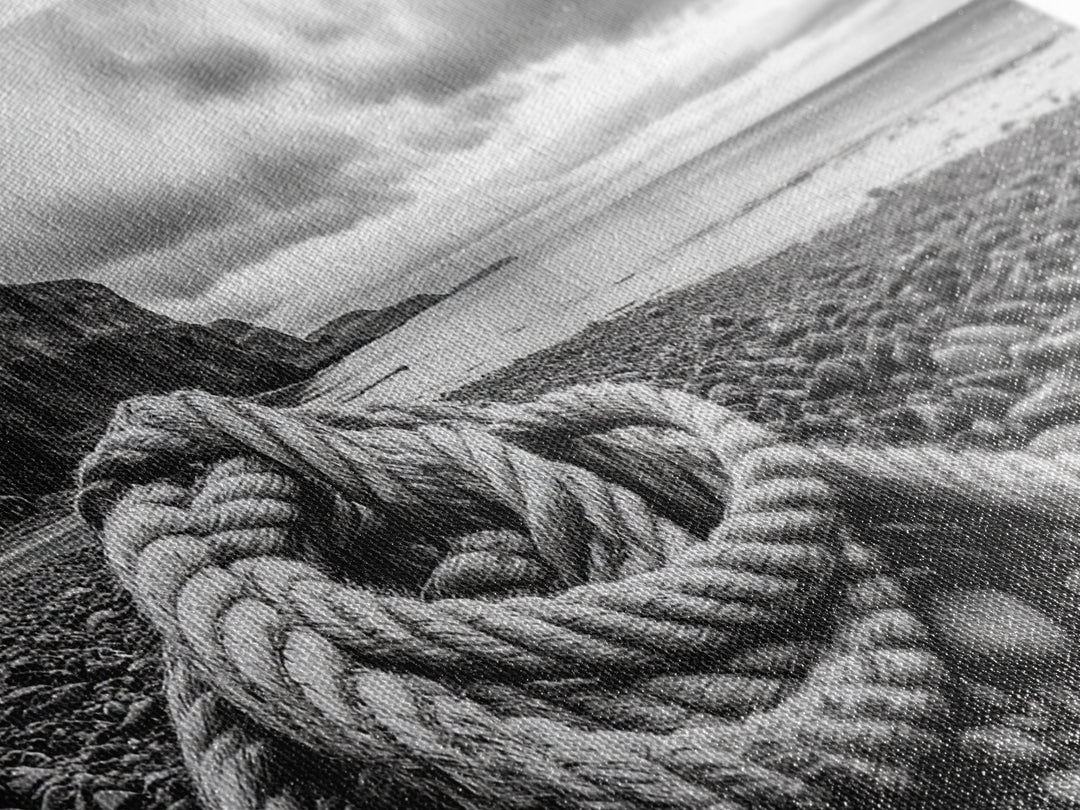 Coastal Rope, Pebble Shore, Nautical Texture, Rugged Seascape, Canvas Print, Bathroom Wall Art, Beach House Style, Moody Ocean Decor