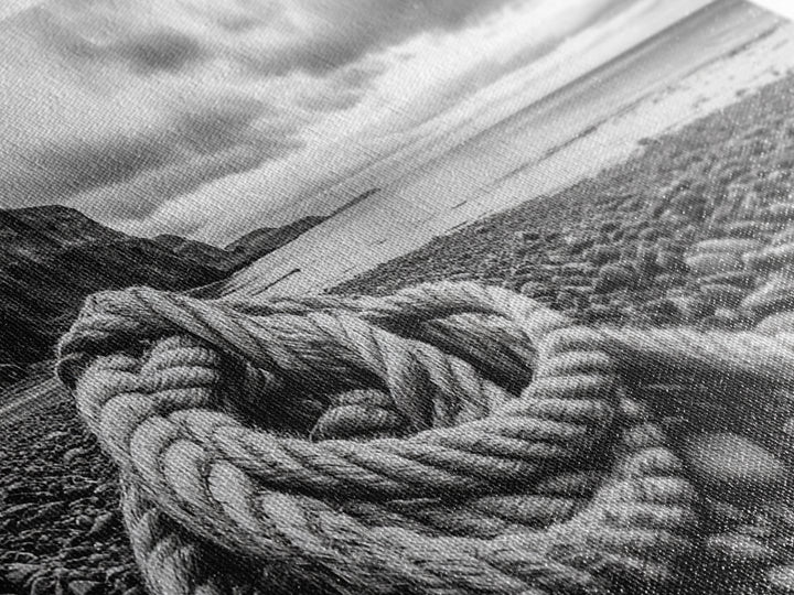 Coastal Rope, Pebble Shore, Nautical Texture, Rugged Seascape, Canvas Print, Bathroom Wall Art, Beach House Style, Moody Ocean Decor