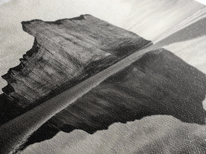 Cliff Reflection, Coastal Monolith, Seashore Beauty, Sunset Vibes, Framed Canvas Print, Living Room Art, Minimalist Beach Scene