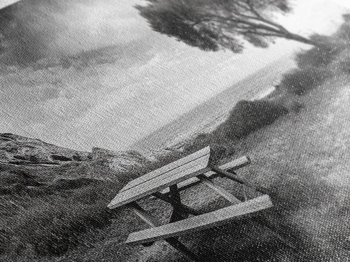 Picnic Table View, Coastal Meadow Scene, Tree and Cliff Horizon, Framed Canvas Print, Relaxing Kitchen or Outdoor Patio Wall Art