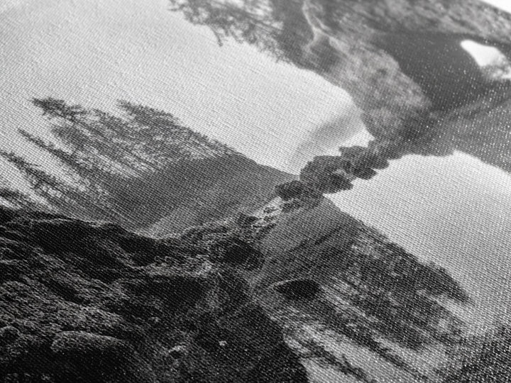 Coastal Cave Reflections, Misty Tidepool Scene, Moody Nature Landscape, Canvas Print, Living Room Wall Art, Black And White Art