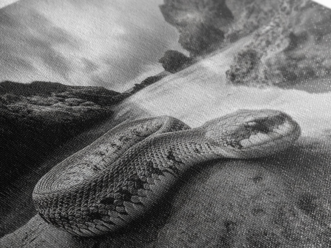 Ocean Snake Landscape, Coastal Creature Scene, Black and White Reptile, Framed Canvas Print, Moody Art, Bedroom or Den Decor