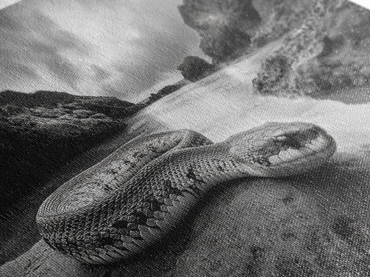 Ocean Snake Landscape, Coastal Creature Scene, Black and White Reptile, Framed Canvas Print, Moody Art, Bedroom or Den Decor