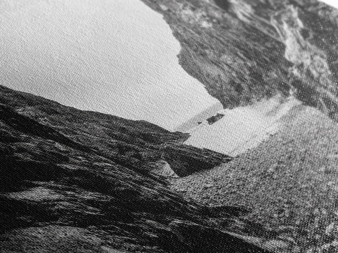 Rocky Cove, Ocean Gap, Cliffside Path, Secluded Coast, Framed Canvas Print, adventure wall art, man cave, grayscale wilderness print