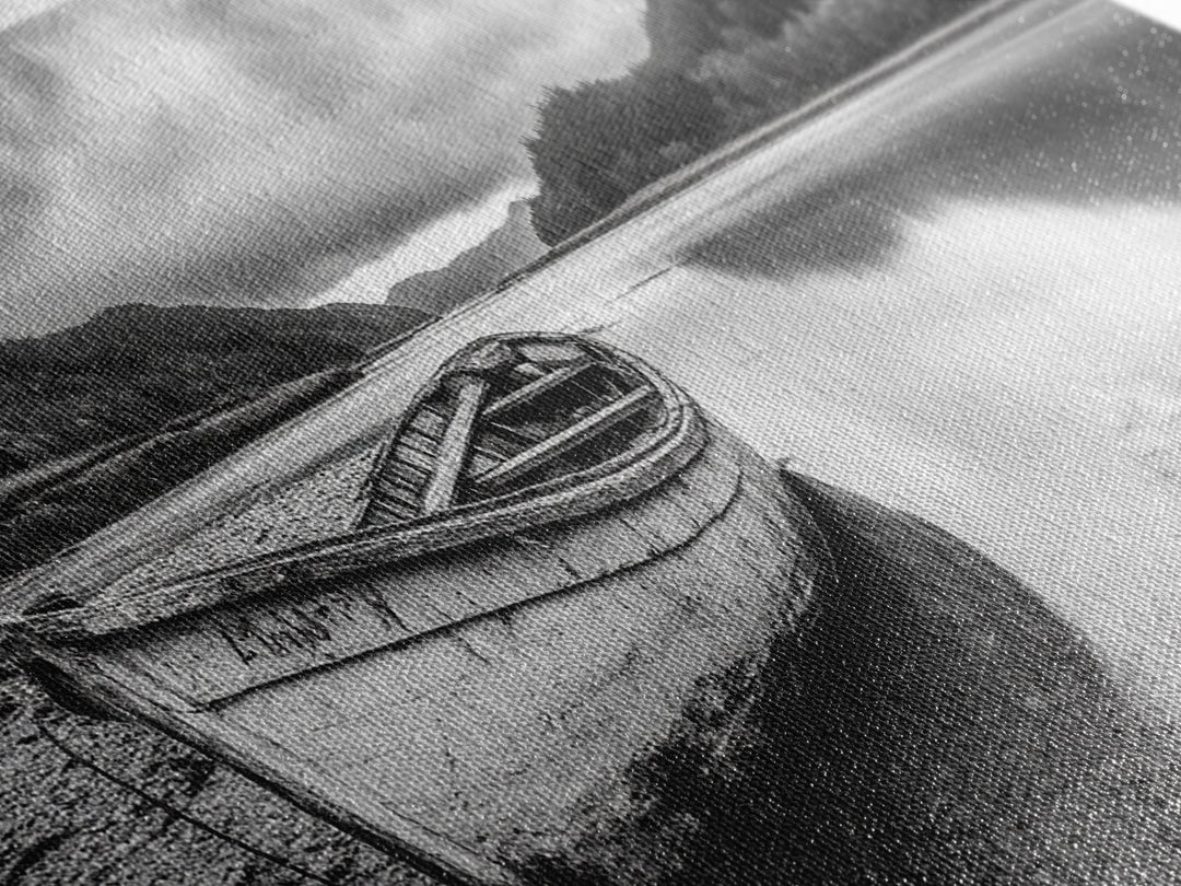 Abandoned Boat, Mountain Lake, Moody Shore, Nature Reflections, Framed Canvas Print, cabin wall art, explorer decor, grayscale nature