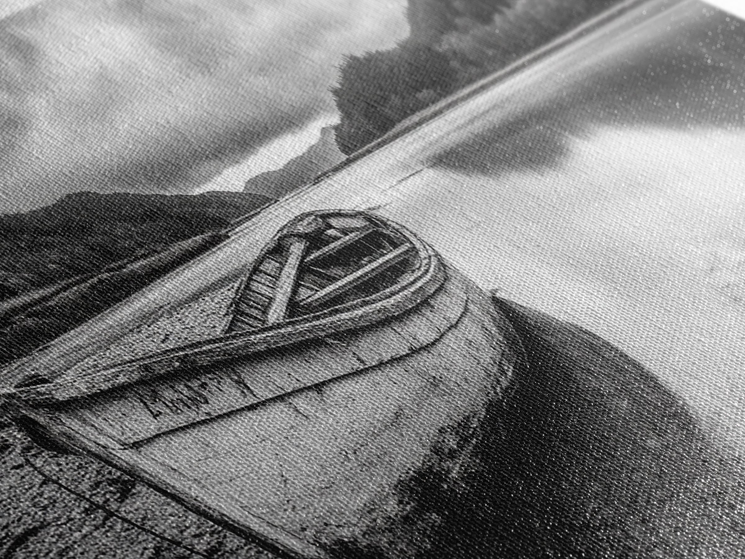 Abandoned Boat, Mountain Lake, Moody Shore, Nature Reflections, Framed Canvas Print, cabin wall art, explorer decor, grayscale nature