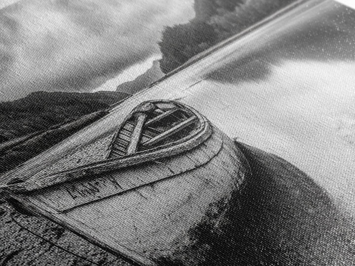 Abandoned Boat, Mountain Lake, Moody Shore, Nature Reflections, Framed Canvas Print, cabin wall art, explorer decor, grayscale nature