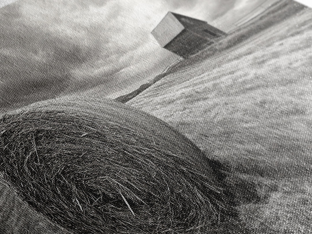 Barn Field, Hay Bale, Rural Farmland Scene, Autumn Countryside Art, Canvas Print, Farmhouse Wall Decor, Rustic Fall Living Room Art