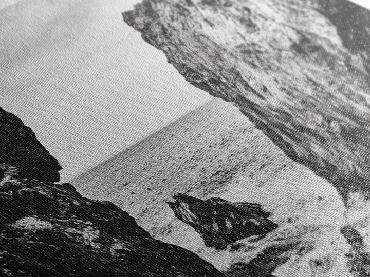 Rocky Coast View, Ocean Cliffs Art, Coastal Wilderness, Monochrome Seascape, Canvas Print, Bathroom Wall Art, Rustic Minimalist Style