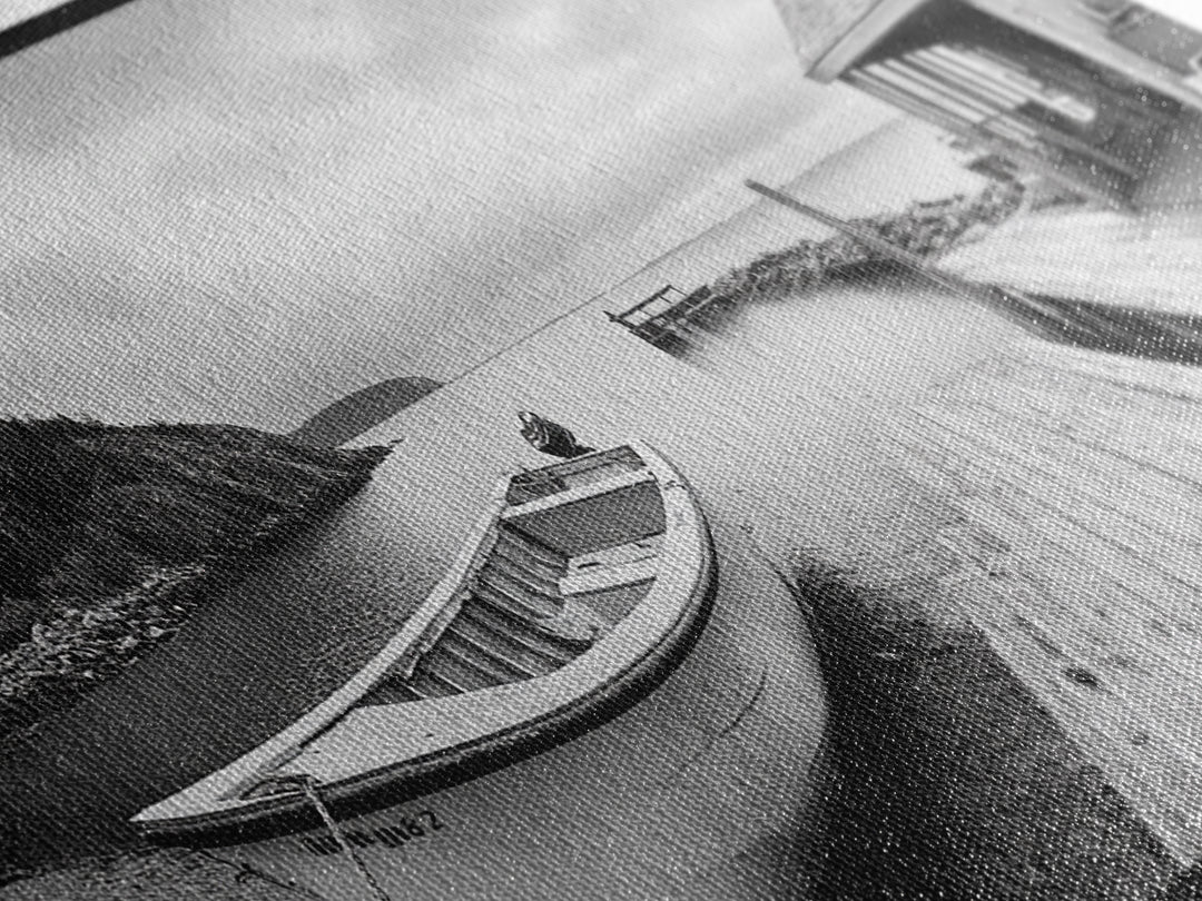 Rowboat Dock, Harbor Scene, Calm Waters, Quiet Morning, Framed Canvas Print, Lakeside Cabin Wall Art, Rustic Nautical Decor, Cabin Decor