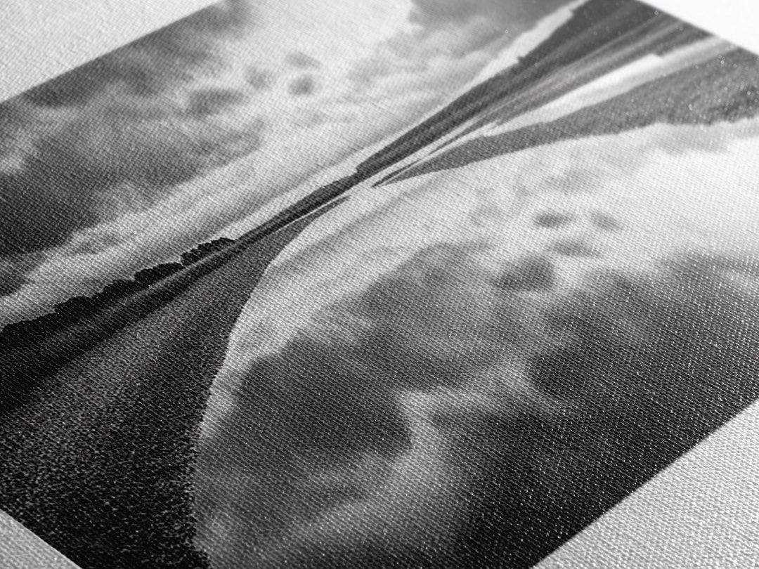 River Reflection, Cloudy Sky, Calm Nature Path, Modern Monochrome, Framed Canvas Print, Bedroom Wall Art, Minimalist Landscape Art