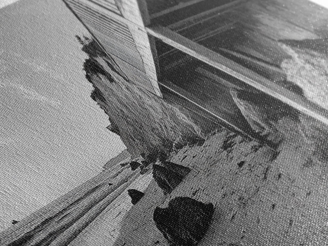 Coastal Cliff View, Seaside Escape, Beachside Structure, Framed Canvas Print, Rustic Wall Art, Modern Coastal Living Room Decor