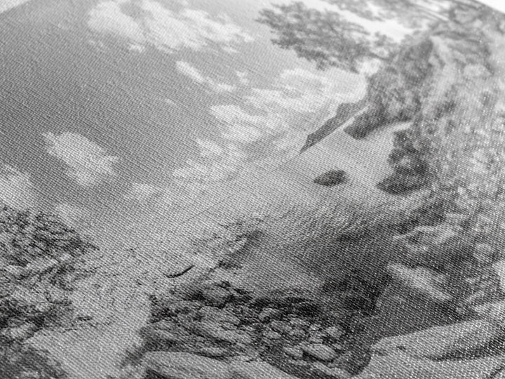 Rocky Cove, Tranquil Bay, Forest Edge, Panoramic Beach, Framed Canvas Print, Nature Art, Bathroom Wall Decor, Earthy Coastal View