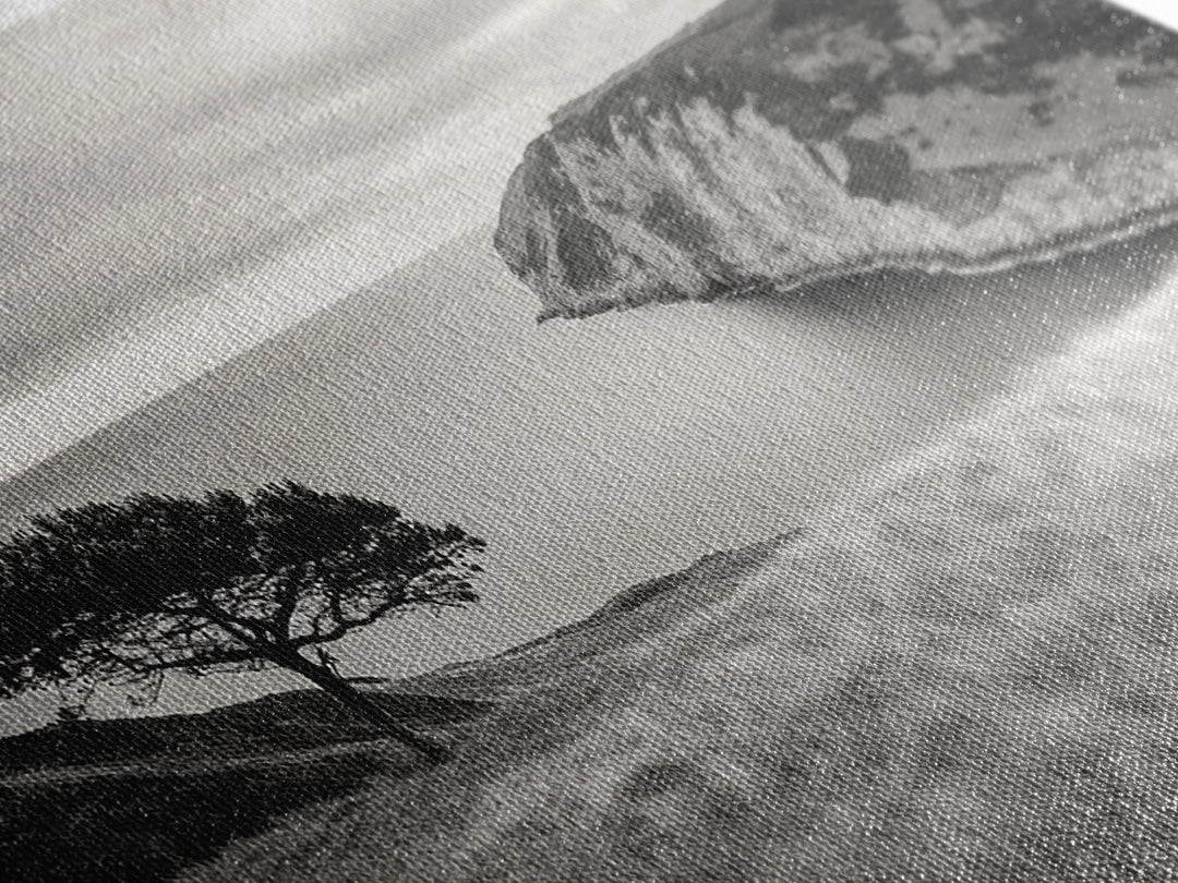 Coastal Cliff View, Solitary Tree Scene, Modern Minimalist Style, Framed Canvas Print, Calm Neutral Wall Art, Living Room Decor