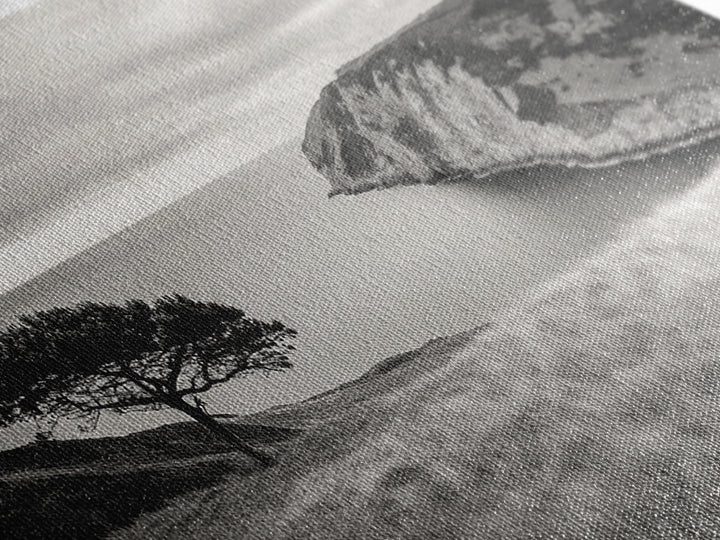 Coastal Cliff View, Solitary Tree Scene, Modern Minimalist Style, Framed Canvas Print, Calm Neutral Wall Art, Living Room Decor