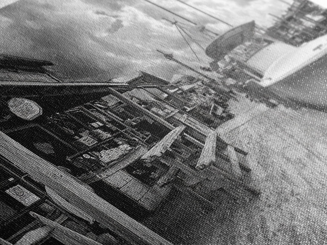 Dockside Market, Nautical Vibes, Fishing Village, Framed Canvas Print, Coastal Kitchen Art, Rustic Decor, Oceanfront Life Scene