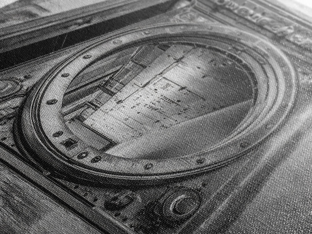 Bank Vault Door, Industrial Design, Urban Texture, Canvas Print, Masculine Office Decor, Steampunk Wall Art, Black White Print