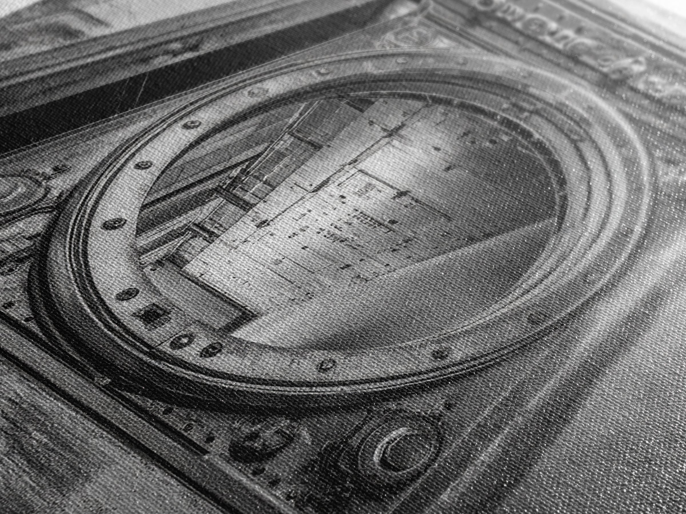 Bank Vault Door, Industrial Design, Urban Texture, Canvas Print, Masculine Office Decor, Steampunk Wall Art, Black White Print