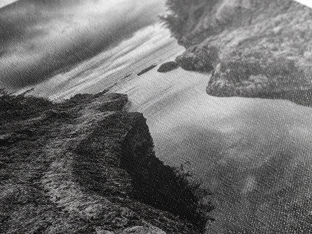 Rocky Waterway, Coastal Reflections, Dramatic Cloudscape, Ocean Nature Print, Framed Canvas Print, Bathroom Wall Art, Modern Rustic Style