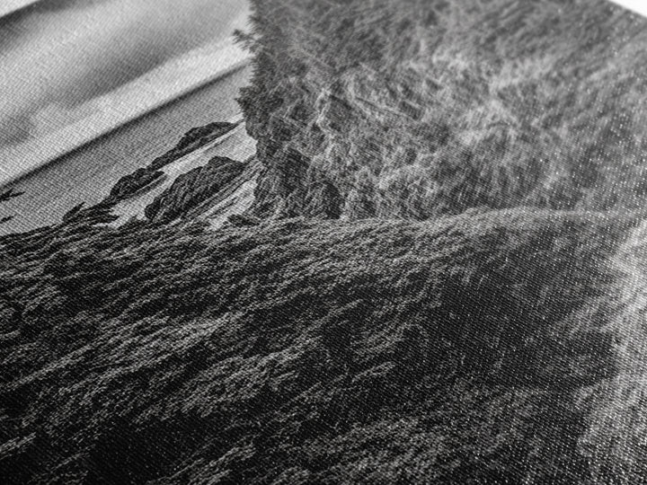 Rugged Ocean View, Coastal Forest, Black and White Mountains, Pacific Northwest Vibes, Framed Canvas Print, Den Wall Art, Moody Cabin Decor