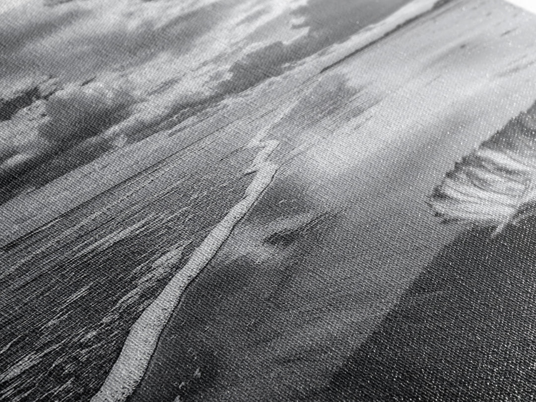 Autumn Beach Leaf, Drift Shore, Moody Cloudscape, Black and White Fall Art, Framed Canvas Print, Seasonal Wall Decor, Rustic Autumn Style