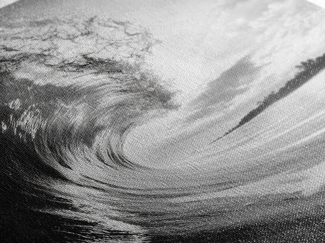 Ocean Wave Curl, Sea Barrel Art, Surf Power Print, Framed Canvas Print, Bathroom Wall Art, Modern Beach Decor, Black White Seascape