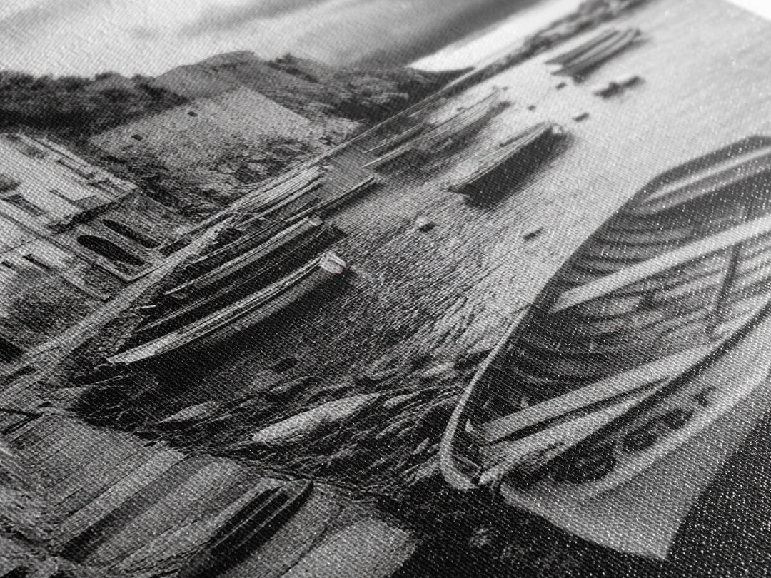 Coastal Village, Fishing Boats, Mediterranean Harbor, Seaside Charm, Framed Canvas Print, Nautical Kitchen Wall Art, Fall Decor Accent