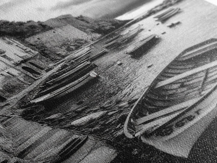 Coastal Village, Fishing Boats, Mediterranean Harbor, Seaside Charm, Framed Canvas Print, Nautical Kitchen Wall Art, Fall Decor Accent