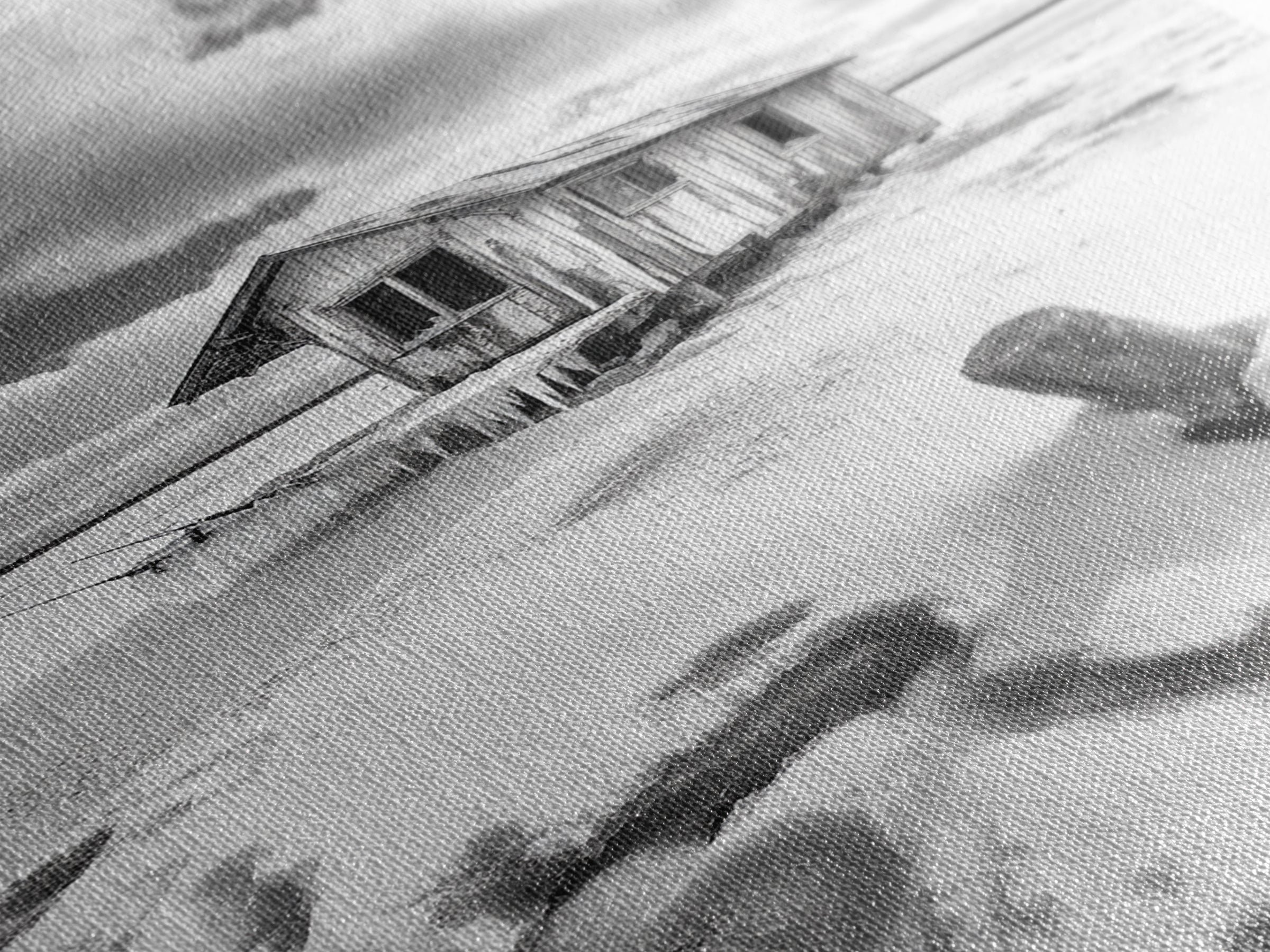Frozen Cabin Scene, Snowy Landscape, Winter Monochrome, Canvas Print, Cabin Wall Art, Rustic Winter Decor, Nature Photography