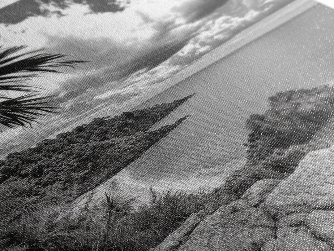 Island View Cliffs, Tropical Shoreline, Black and White Seascape, Framed Canvas Print, Bathroom Art, Travel Decor, Coastal Vibe